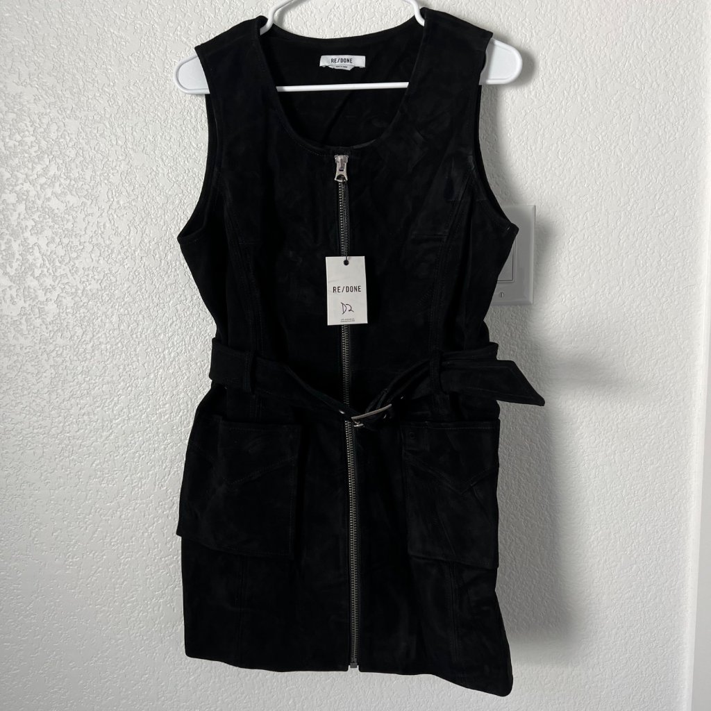 *$690 Nwt Re/Done 60s Suede Belted Black Mini Dress Sz Small